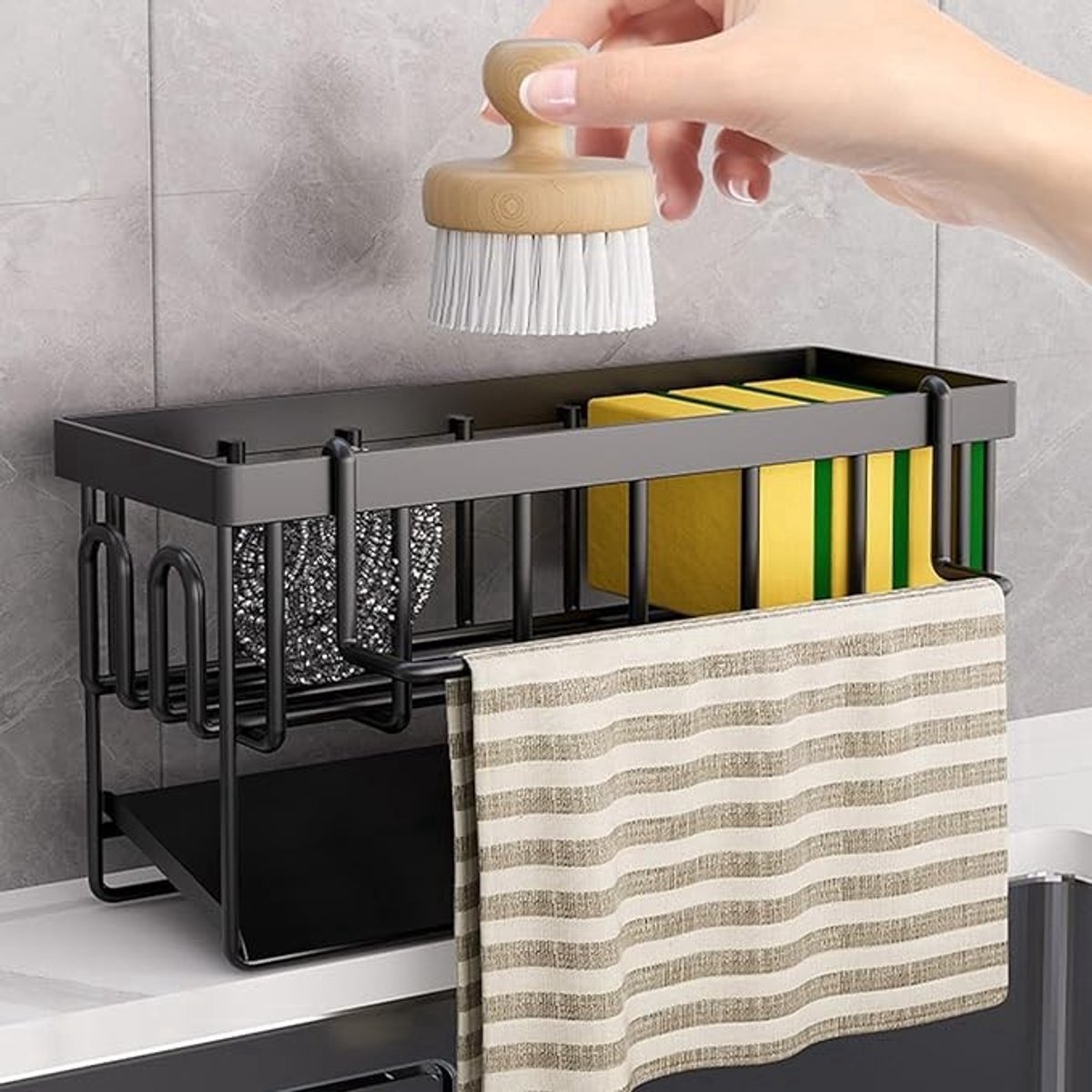Compacte spoelbakorganizer met afvoerbak en handdoekhouder - Zwarte muurbevestigbare keukenaccessoire
