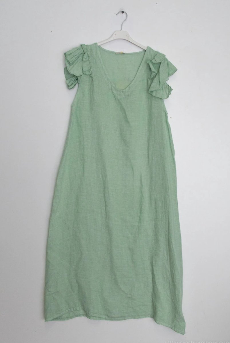 Linnen Zomer comfortabele lange jurk met ruchesmouwen - v-hals - Aqua Marine - maat M