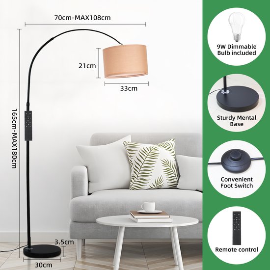 ANTEN Lampadaire LED avec liseuse Zwart - Lampe sur pied avec variateur - 2 lumières salon chambre - 30W+5W 2500LM 3000K-6000K avec télécommandes