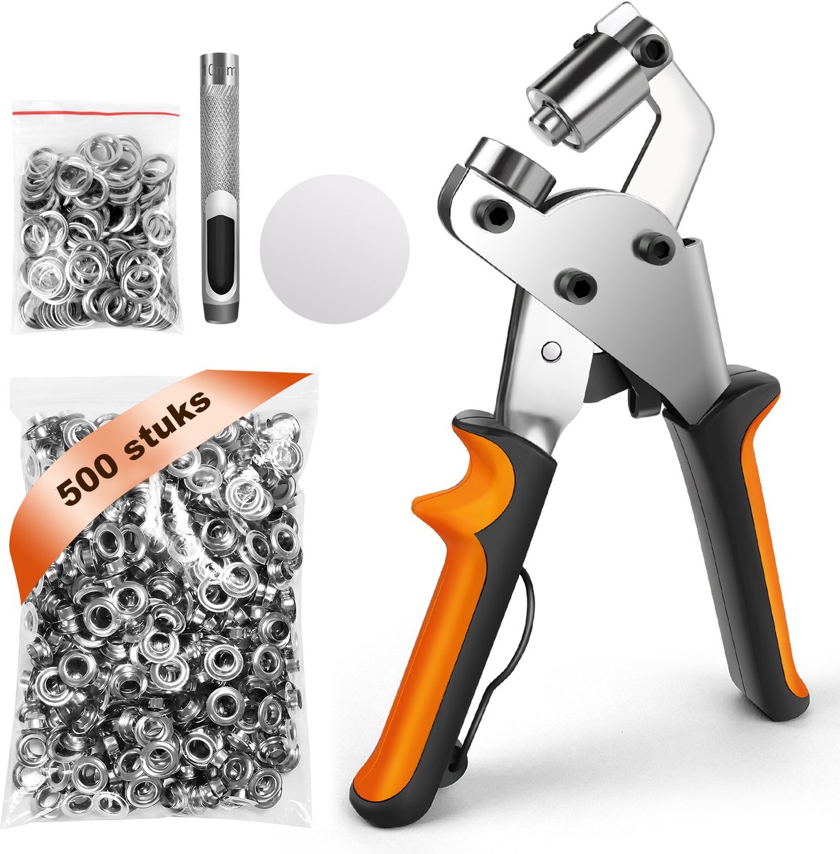 Handmatige Oogtang Set – Professionele Ergonomische Oogtang met 500 Roestvrijstalen Oogjes, Ponsstift en Afstandhouder voor Zeilen, Banners, Tassen en Zonnezeilen