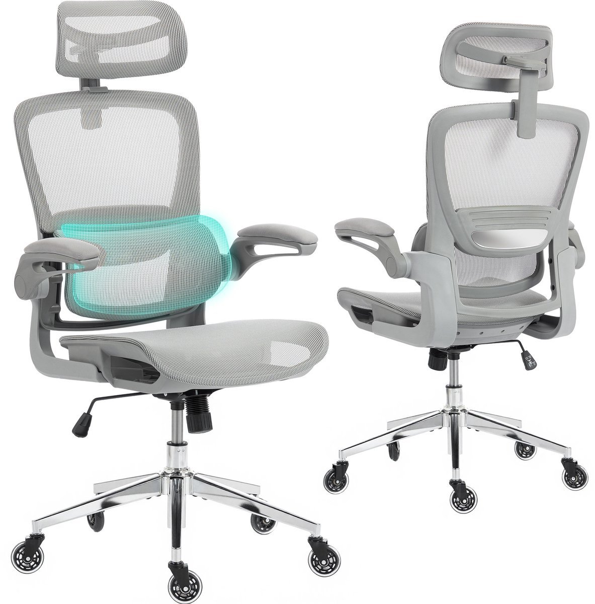Ergonomische Bureaustoel - Office Chair - met 3D-hoofdsteu - Verstelbare armleuningen - Lendensteun - Grijs