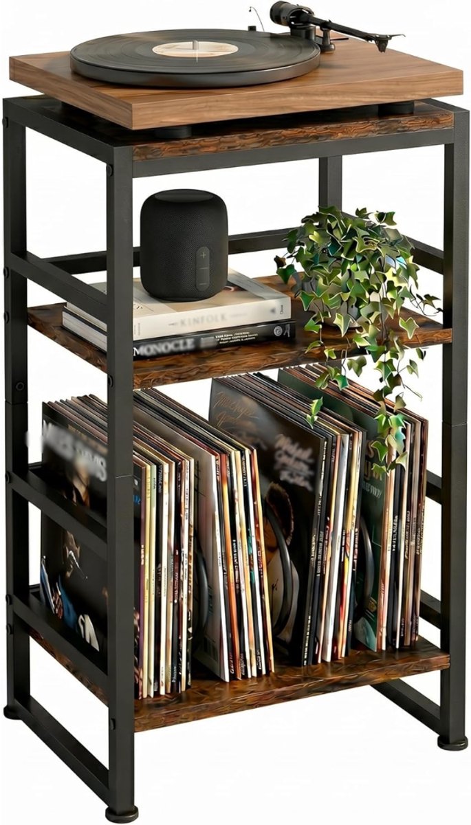 SNJY® Platenspeler Meubel - Platenspeler Kast - LP Houder - Platenhouder - 30D x 40B x 71H cm - Bruin/Zwart
