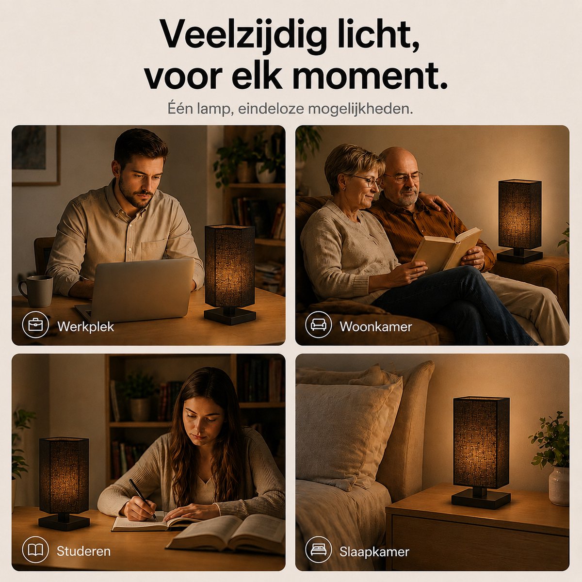 Sounix Tafellamp voor Nachtkastje - 3 Lichtkleuren 3000K/4000K/6000K - Inclusief E27 LED Lamp - Vierkante Stoffen Lampenkap - Zwart thumbnail 6
