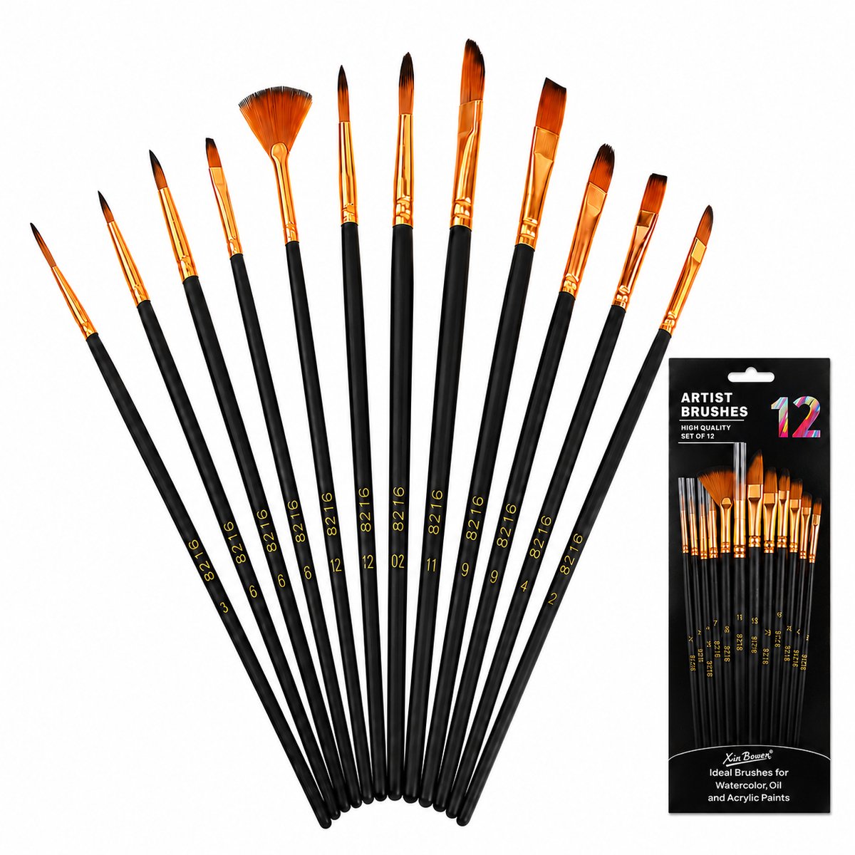 YYCHAN Penselen Set-12 Stuks-Kwasten voor Aquarel, Olieverf, Acrylverf, Waterverf, Schmink-Nylon borstelharen-Geschikt voor Schilderen, Modelbouw en Gouache-Geschikt voor volwassenen en kinderen