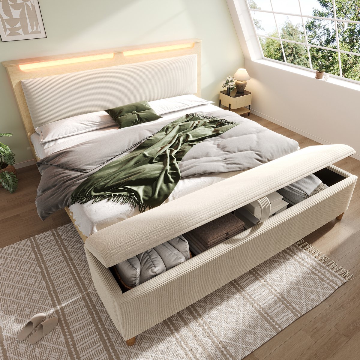 DESMIU Gestoffeerd Tweepersoonsbed 160x200cm – Bed Met Ledverlichting En Opbergruimte In Het Hoofdbord – Inclusief Bedbank – Eikenlook Met Beige Cordstof – Zonder Matras