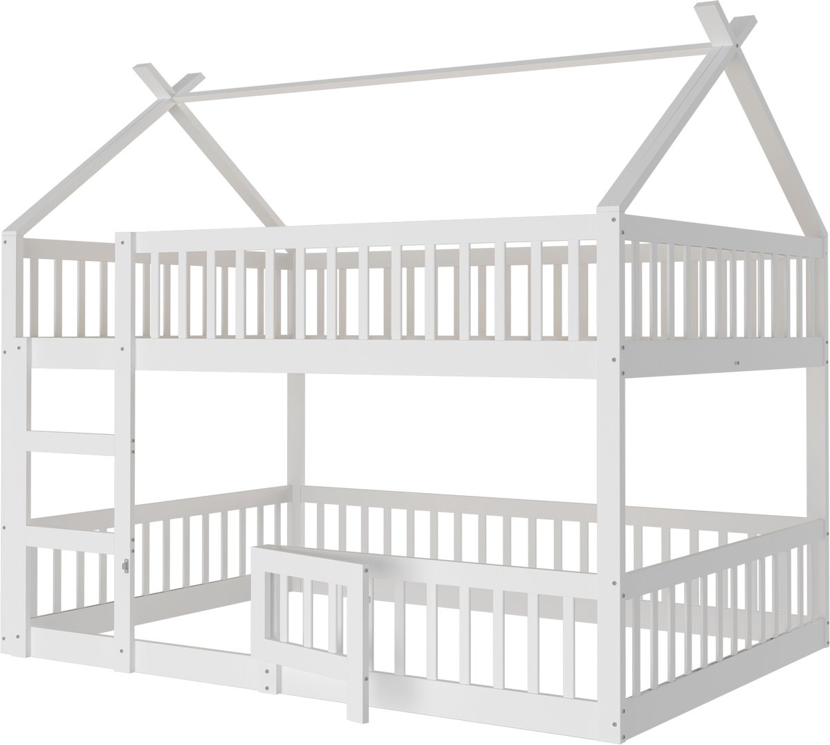 DESMIU Kinder Hoogslaper 140x200cm – Familiebed met Trap en Deur – Veilig Omheind Slaap- en Speelgedeelte – Voor Kinderkamer – Massief Hout – Wit – Zonder Matras