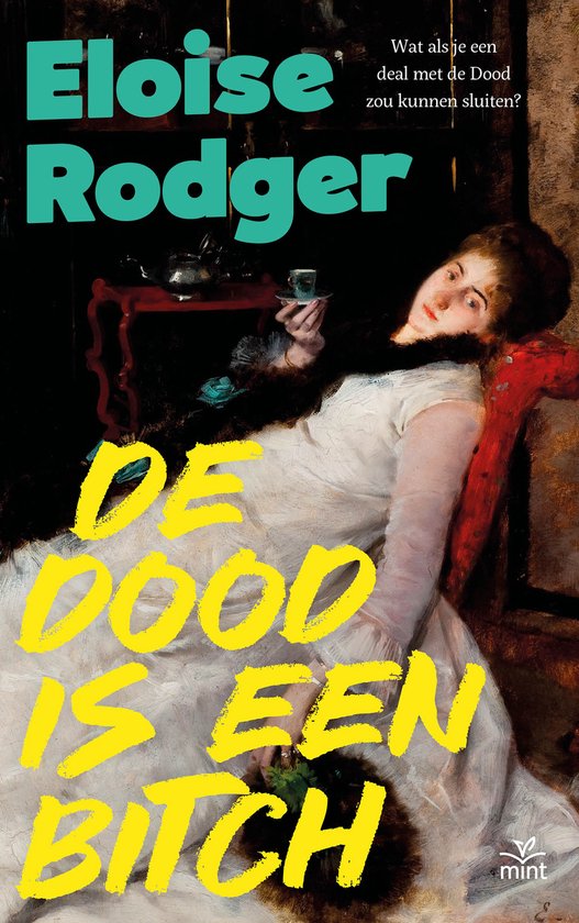 Livre 'De dood is een bitch' par Eloise Rodger. Une femme en robe blanche est allongée sur un canapé rouge.