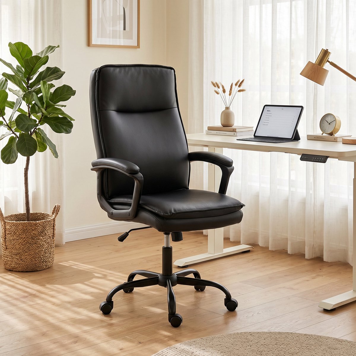 Ergonomische-Bureaustoel-PU-Lederen-Bureaustoel-Verstelbare-Hoogte-360°-Draaibaar-Office-Chair-Zwart-Bureaustoel-Met-Kantel-Functie-Comfortabel-Thuiskantoor