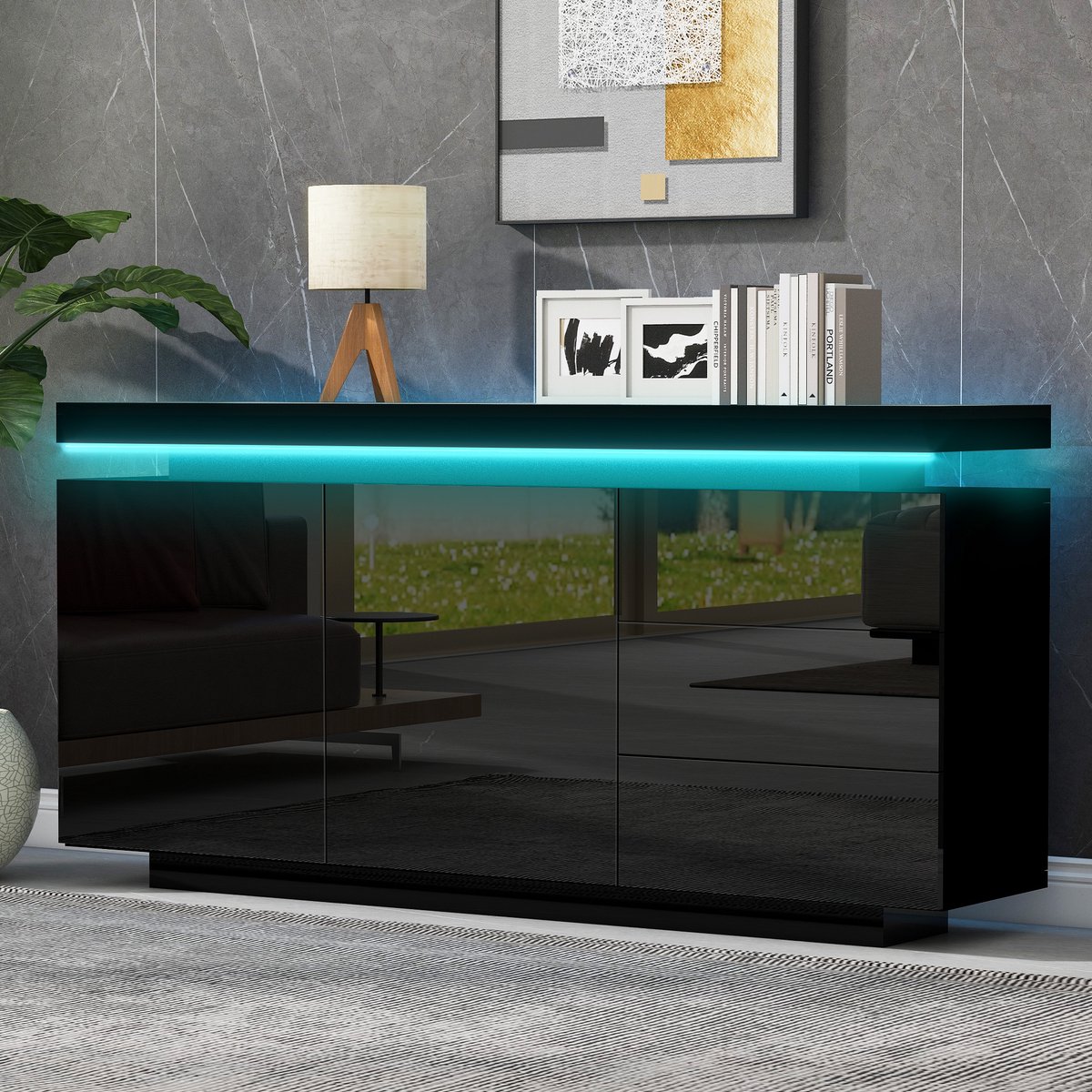 REDOM Dressoir met LED-licht - 2 deuren en 3 lades - App-bediening - Moderne stijl - Woonkamer - Spaanplaat - Zwart - 140 x 35 x 72,5 cm