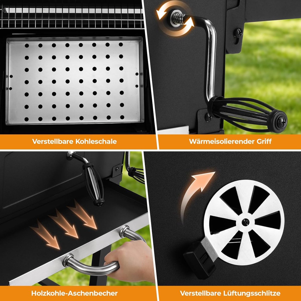 SMH LINE® BBQ houtskool XL- Smoker Barbecue - Incl. BBQ Greedschapset en 12x BBQ Spiezen - Verstelbare Kolenroosters & Inklapbare Zijtafel - Zwart thumbnail 7