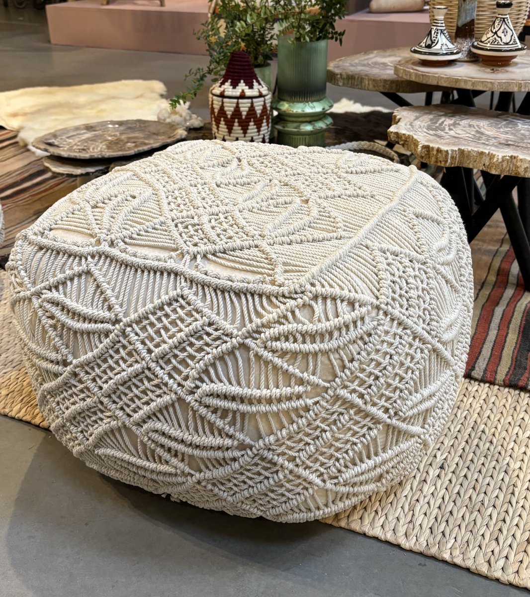 Poef macramé crèmekleurig katoen - 40x40x30 cm