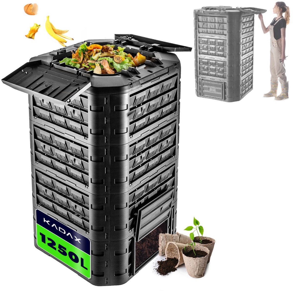 KADAX Modulaire compostbak voor tuinafval, kunststof compostbak met ventilatie en irrigatie, compostcontainer, snelcompostbak (zwart, 1250 liter)