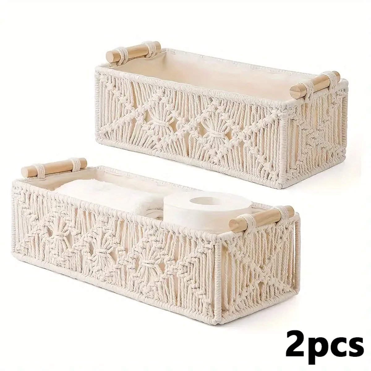 Set van 2 Handgemaakte, Geweven Katoenen Opbergmanden voor op het Aanrecht – voor Toiletplank In Badkamer, Slaapkamer of Woonkamer – Opbergmand in Boho-Stijl