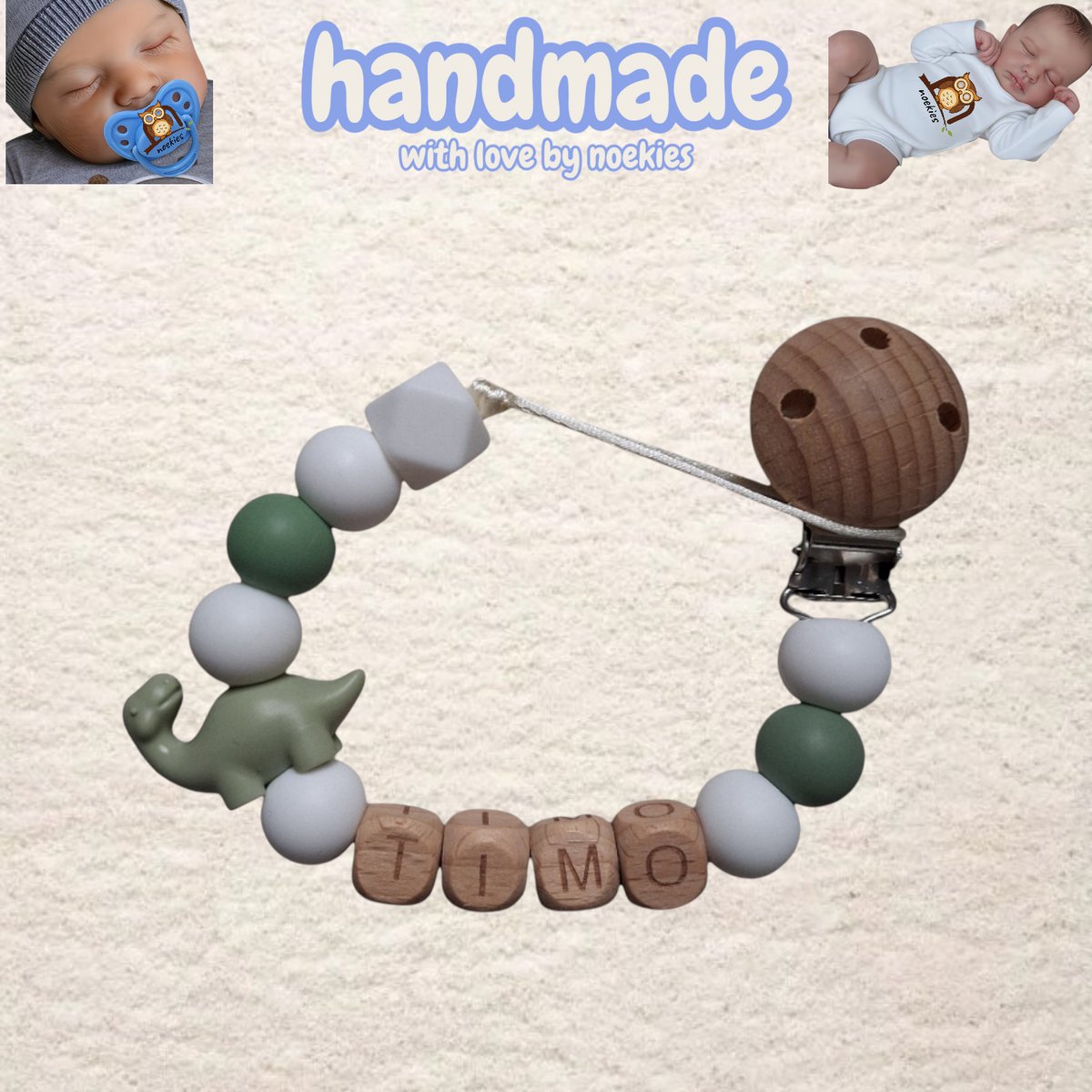 noekies naam speenkoord dino langnek khaki wit Kraamcadeau - Speenketting - Babycadeau - Babyshower nr 8