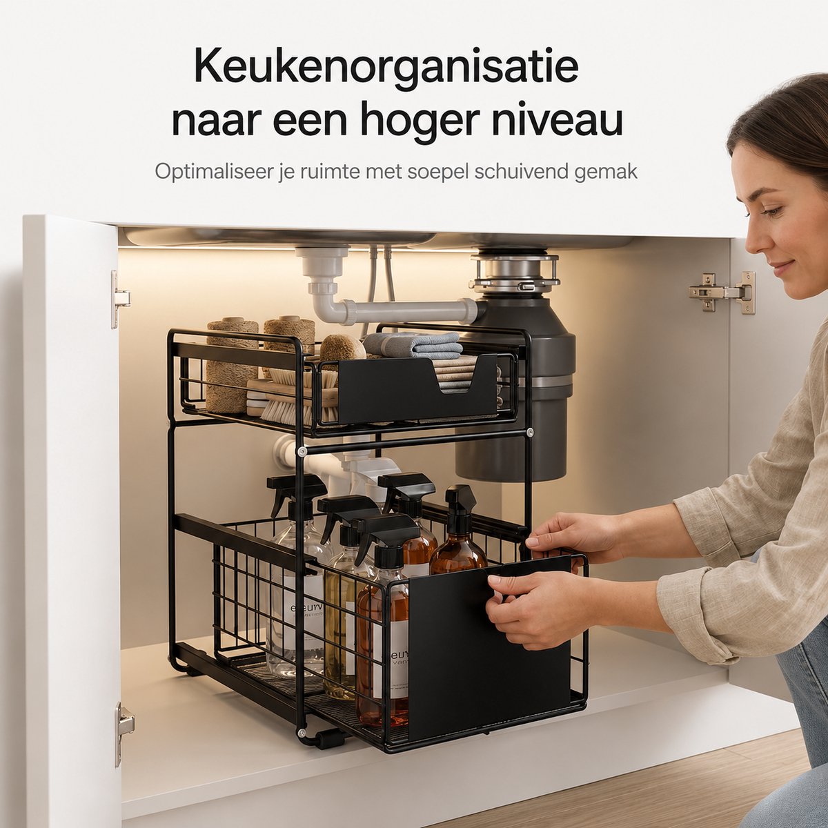 BOTC Gootsteenkast Organizer - Keukenkast Organizer - Aanrecht Organizer - Dubbel Uitschuifbaar - Aanrecht - Lade - Zwart — cadeau in Cadeau-ideeën - foto 2