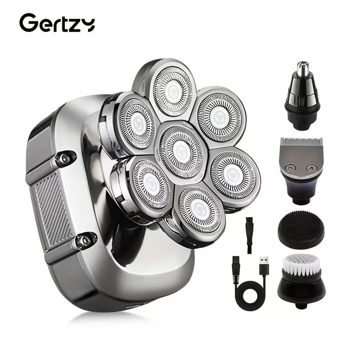 5in1 Gertzy Head shaver - Digitale Skullshaver - Usb Oplaadbare Head Shaver + Baardtrimmer + Neustrimmer - Head Shaver met 7 roterende mesjes - Batterij Indicator - Perfecte Haarverzorging - Kleur Zilver