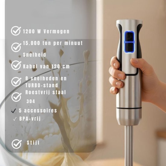 Thuys - Staafmixer Zilver 1200W - Turbofunctie - Variabele Snelheid - 6 Accessoires - voor Soepen - Sauzen en Purees van Thuys — afbeelding 2