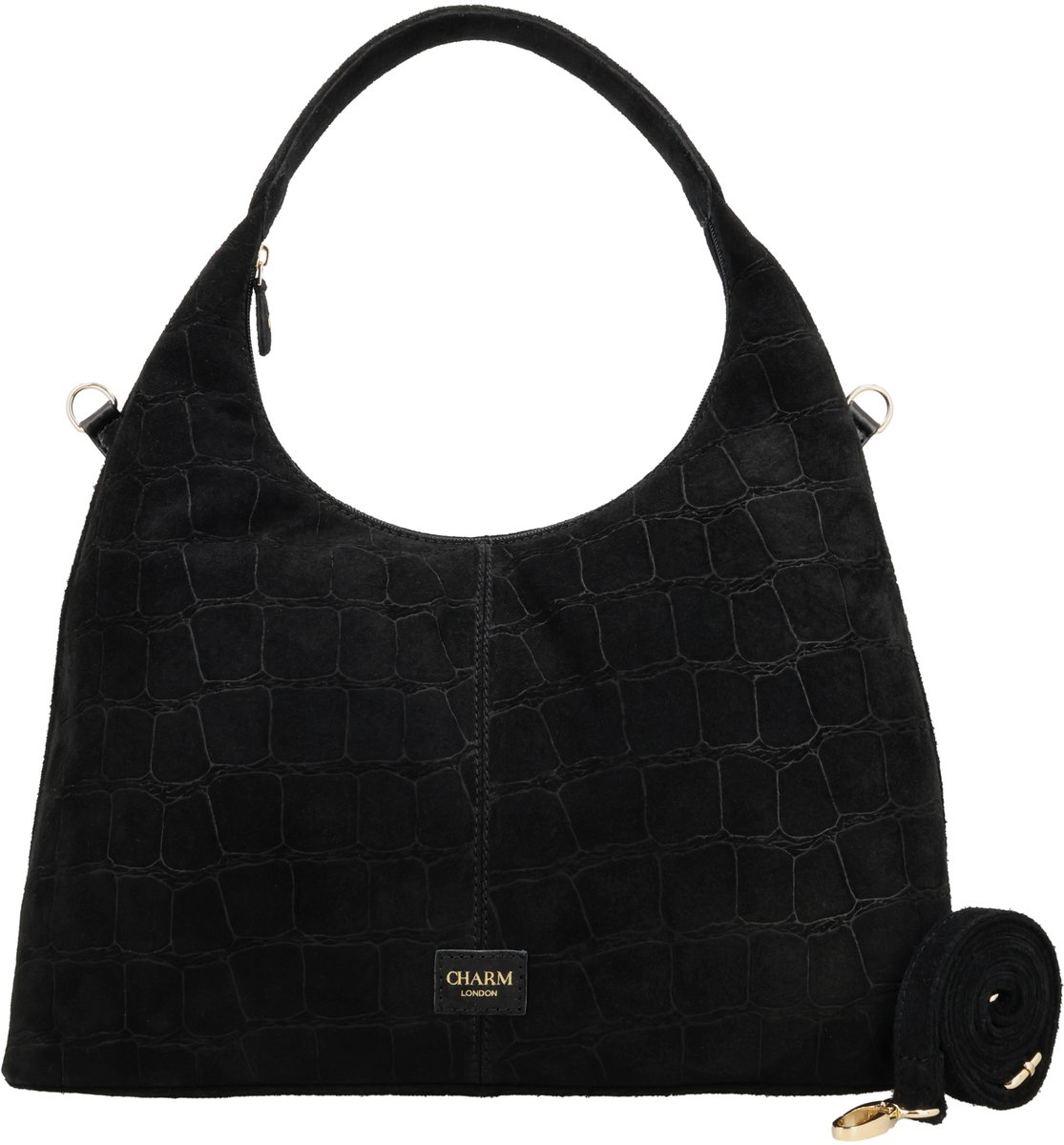 Charm London Cairo Shopper - Suède - Crocoprint - Schouderband - Handtas - Leer - Dames Tas - Leren Dames Tas - Zwart
