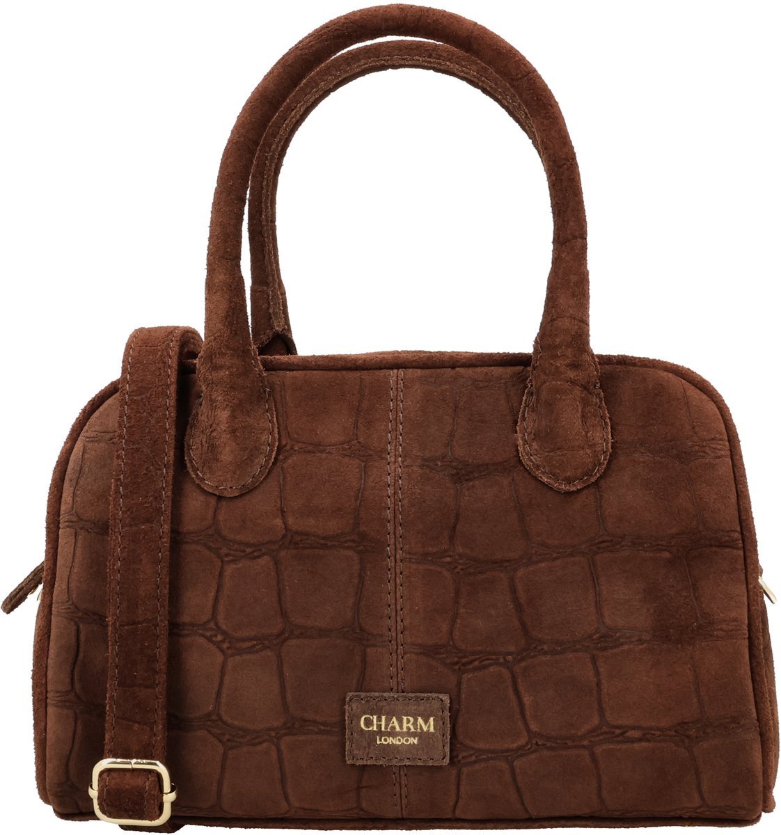 Charm London Cairo Handtas - Echt Suède - Crocoprint - Schouderband - Dames Tas - Ritssluiting - Leren Dames Tas - Bruin