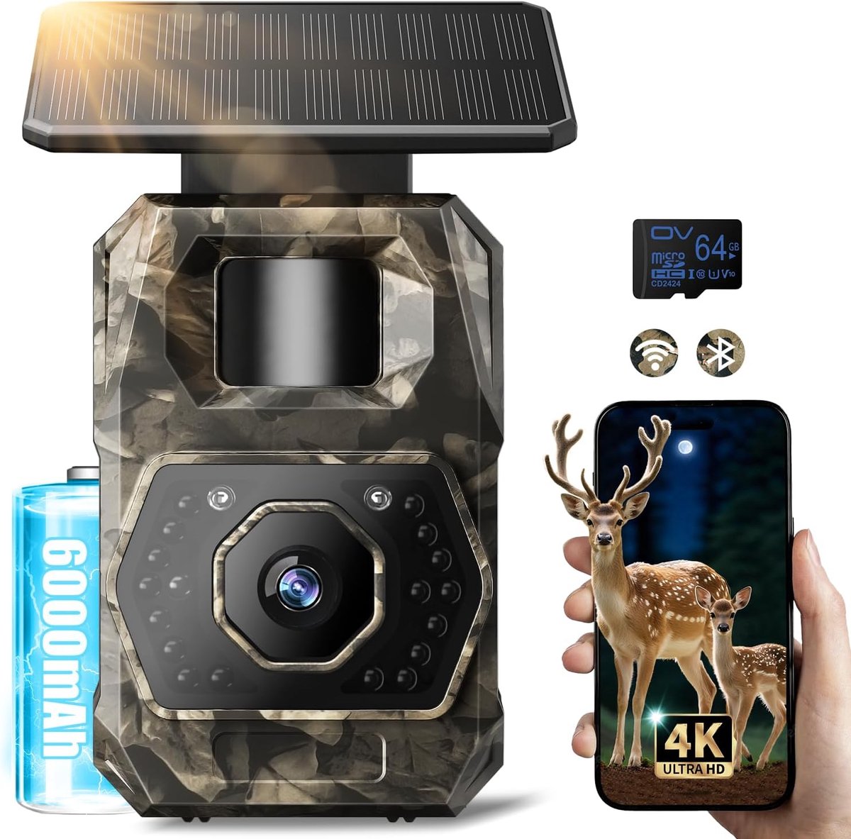 Wildcamera 4K - Trailcamera Bewegingsmelder - Natuurobservatie - 64MP Sensor Nachtzicht - IP66 Waterdicht - Geel Groen