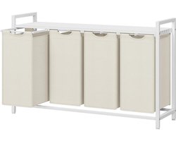 Wasmand Met Plank - Kledingopslag Sorteren - Was Sorteren - Vier Afneembare Zakken - 160 Liter Totaal - Crèmewit Mat