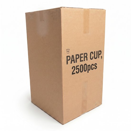 Bruine kartonnen doos met zwarte tekst 'PAPER CUP, 2500pcs' en een klein kopje-icoon.