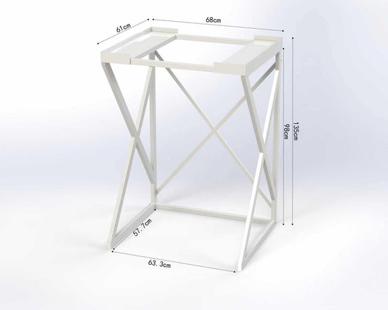 Afmetingen van het witte wasmachine-opbouwmeubel: H 135 cm, B 68 cm, D 57.7 cm.