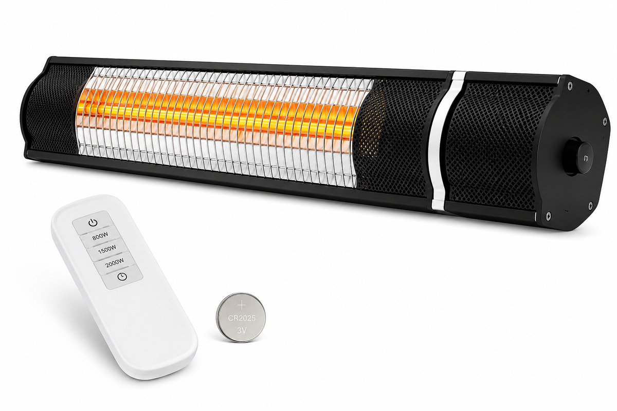 Jurrys Terrasverwarmer - Heather - Warmtelamp - Infrarood - Met afstandsbediening - Direct warmte - Voor wand en vrijstaand - Zwart