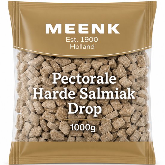 Bruine, doorzichtige zak van 1000g Meenk Pectorale Harde Salmiak Drop, gevuld met diamantvormige tabletten.