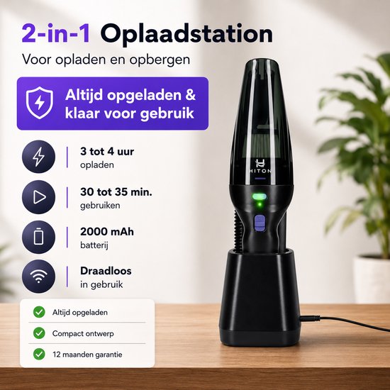 Hiton Kruimeldief snoerloos - Handstofzuiger - Auto stofzuiger - Kruimelzuiger - Oplaadstation - Zwart - 3 opzetstukken