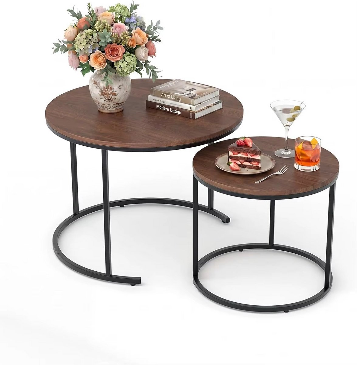 JOYNEXTBUY Salontafel Set van 2 – Nesting Tafels Rond – Walnootkleur – Bijzettafels - Verstelbaar – Woonkamer, Balkon & Kantoor