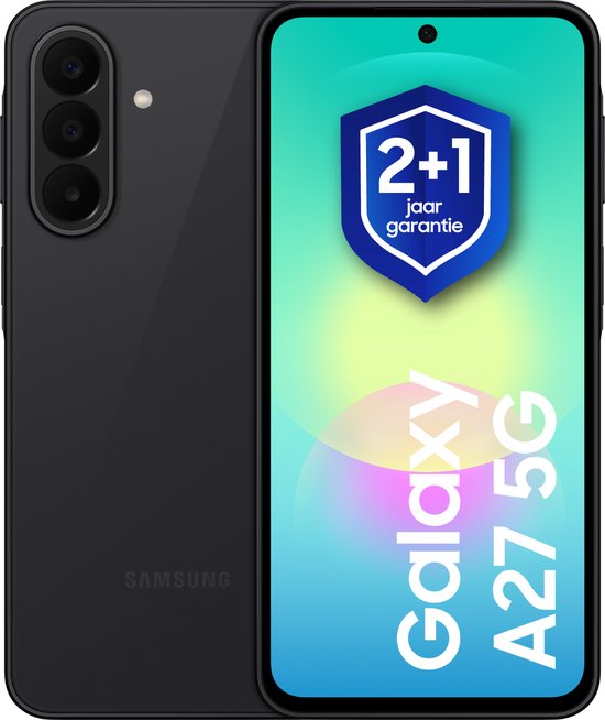 Zwarte Samsung Galaxy A27 5G, met op scherm het '2+1 jaar garantie' logo en 'Galaxy A27 5G'.