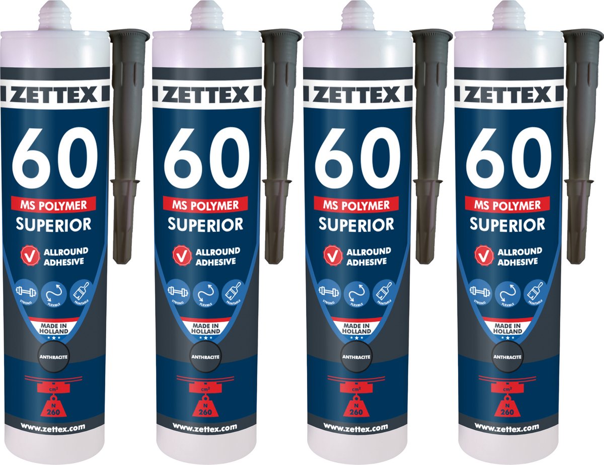 Zettex MS 60 Polymeerkit Superior - Montagekit – Lijmkit – Afdichtkit - Binnen & Buiten - 4x290ml - Antraciet