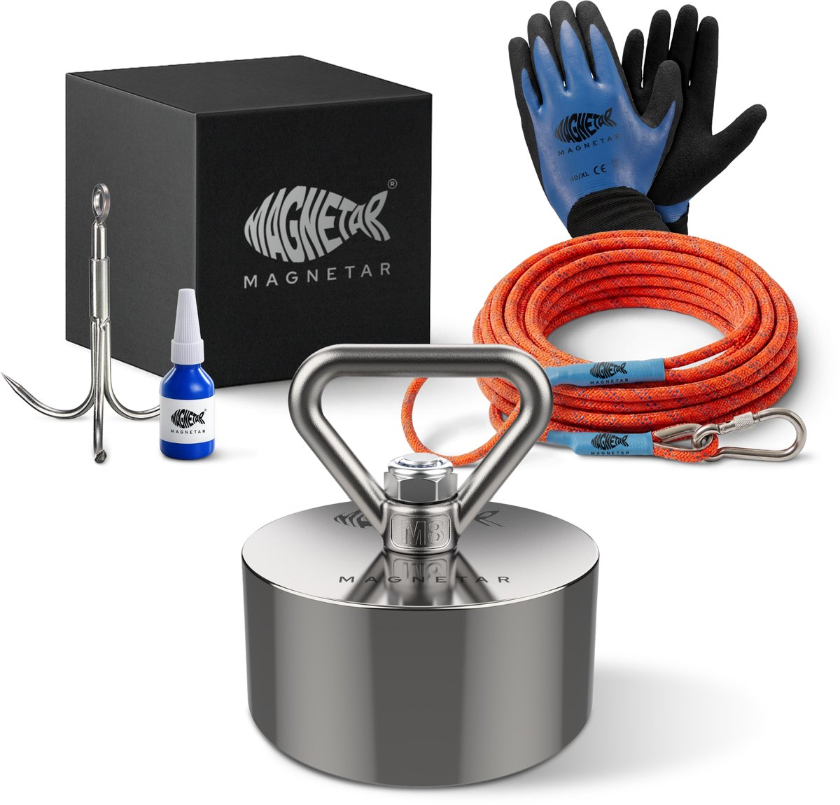 Magnetar Terror Pakket - Vismagneet - Allround 360° 1000kg Magneet - Touw, Handschoenen en Dreghaak - Magneetvissen