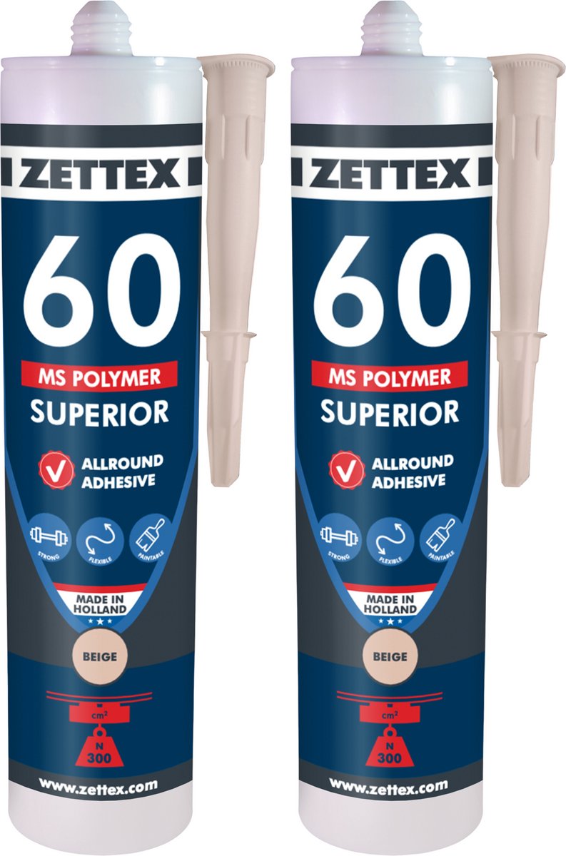 Zettex MS 60 Polymeerkit Superior - Montagekit – Lijmkit – Afdichtkit - Binnen & Buiten - 2x290ml - Beige