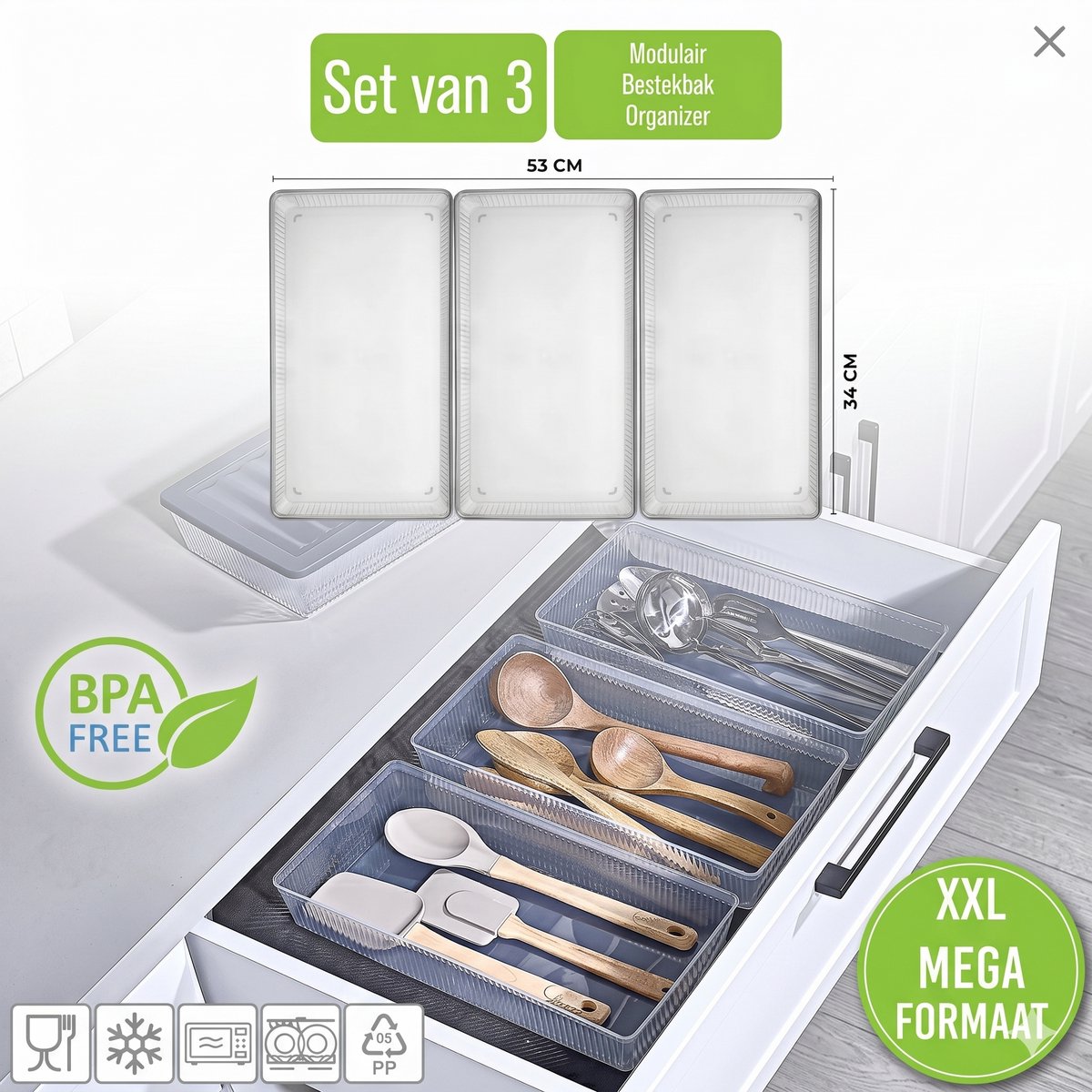 INDECOR XXL 3-delige Modulaire Lade Organizer Set – Keukenlade, Badkamerlade & Make-up Lade Indeling – Universele Opberger voor Kast en Lade