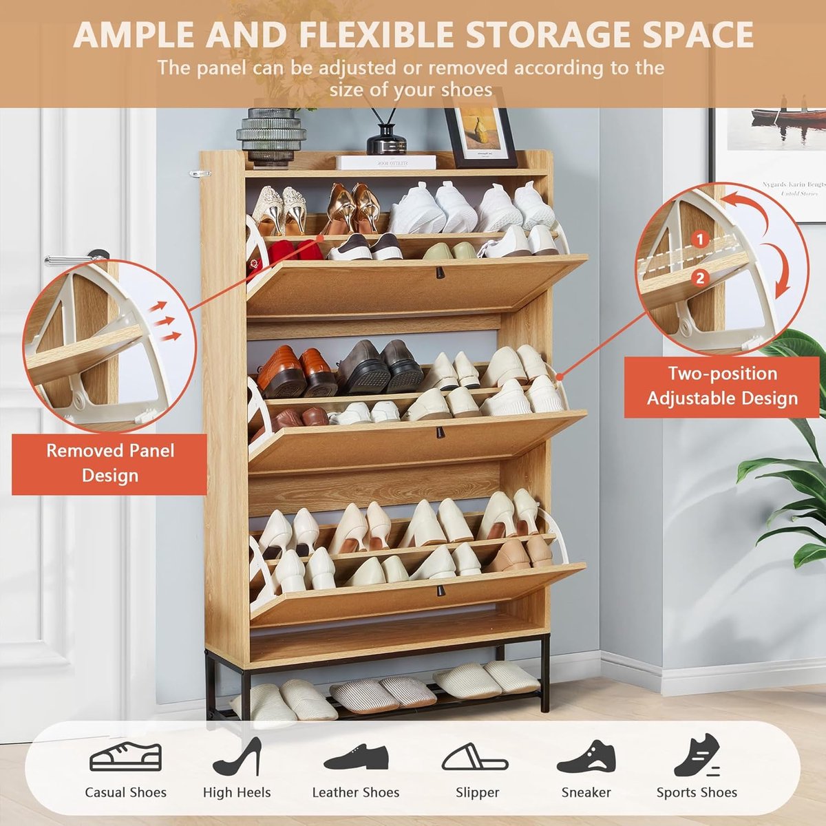 Schoenenkast met 3 Kleppen – House&Garden Smalle Schoenenkast Houtlook – Schoenenopberger voor Hal en Entree – Opbergkast voor 16-20 Paar Schoenen – 135 x 23,5 x 80 cm – Naturel Hout