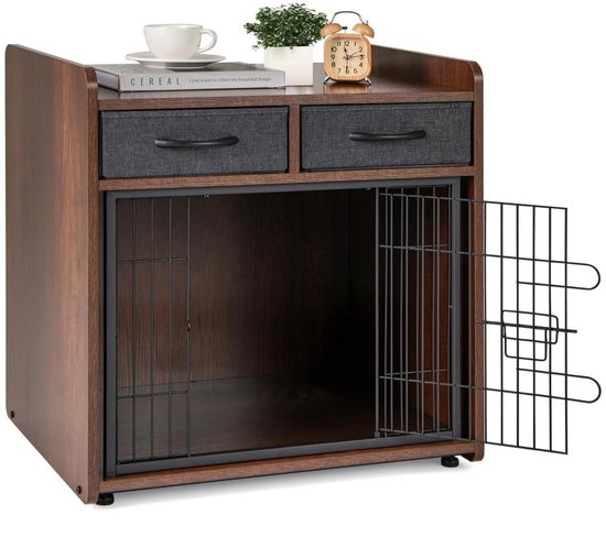 Velmio Hondenbench Meubel - Hondenkooi Bijzettafel - 2-in-1 - Hondenbench - Afsluitbare Deur - 2 Laden - Kleine & Middelgrote Honden - 62×49,5× 63 cm- Bruin