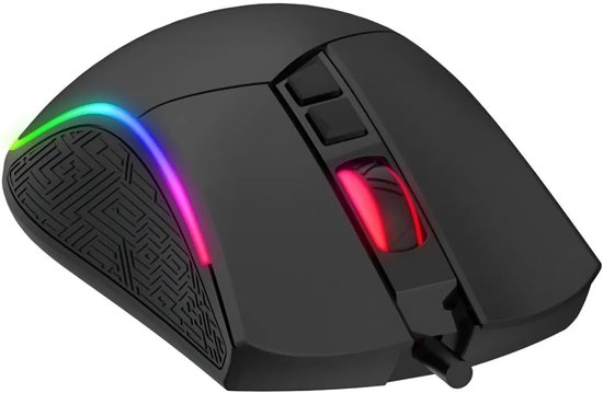 Zwarte gamingmuis met grip textuur, zeven programmeerbare knoppen en aanpasbare RGB-verlichting.