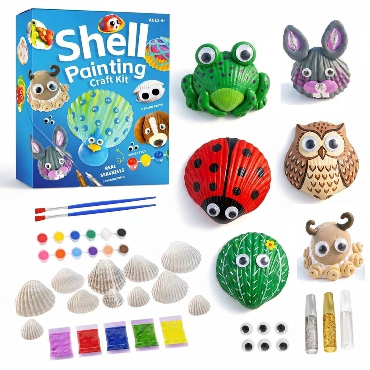 Schelpen Schilderen Knutselset voor Kinderen(39PCS) - DIY Knutselpakket met 11 Echte Schelpen, 12 kleuren Verf, Klei, Wiebeloogjes & Glitterlijm - Creatieve Hobbyset en Schilderset vanaf 6 Jaar voor Meisjes en Jongens