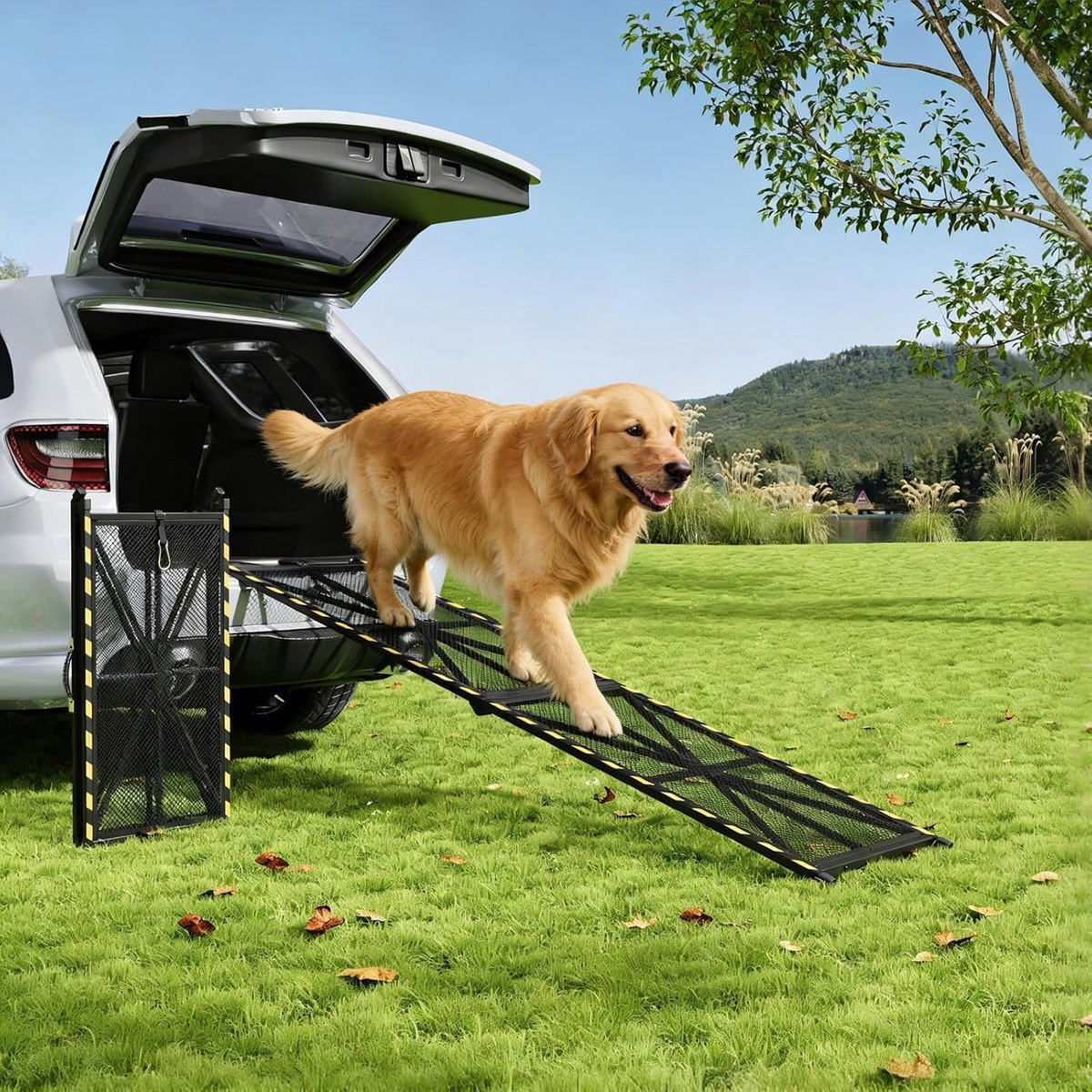 Opvouwbare Hondenloopplank voor Auto & SUV - 180 x 50 cm - Belastbaar tot 150 kg - Stalen Hondenhelling met Antislip Gaas & Lederen Handvat