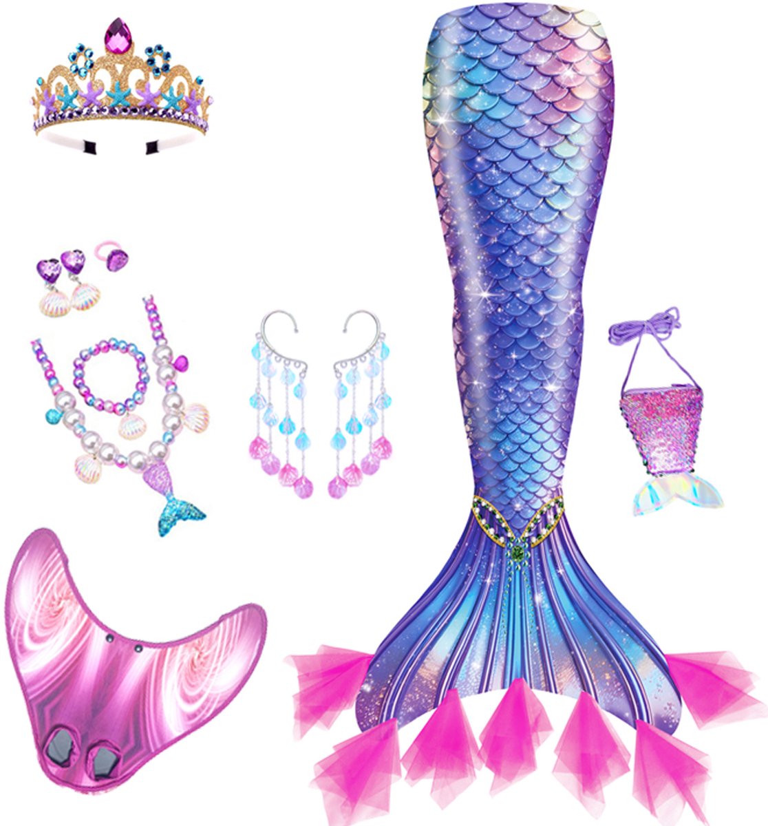 Zeemeerminstaart Zwemset Meisjes - Zeemeermin Bikini Set - Zeemeerminstaart Met Zeemeerminvin - Verkleedset Met Sieraden - Maat 130