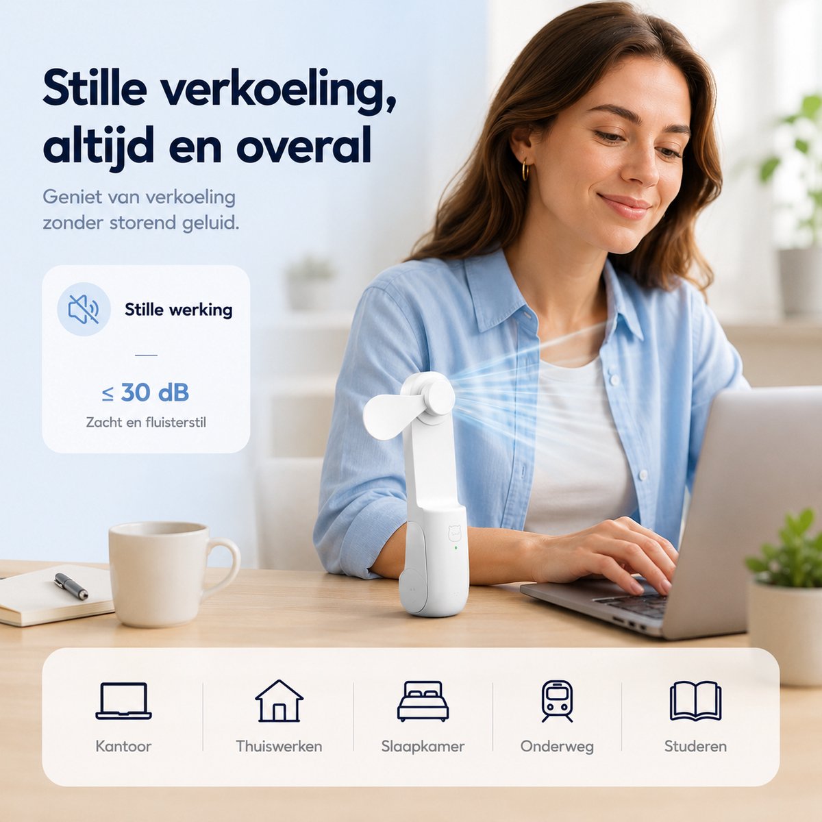 Handventilator oplaadbaar - Wit - 3 standen - Hand Ventilator usb - Mini Bureau Waaiers Gezichtsventilator - Portable fan opvliegers Mini ventilator usb Halsventilator - Draagbare ventilator — afbeelding 6