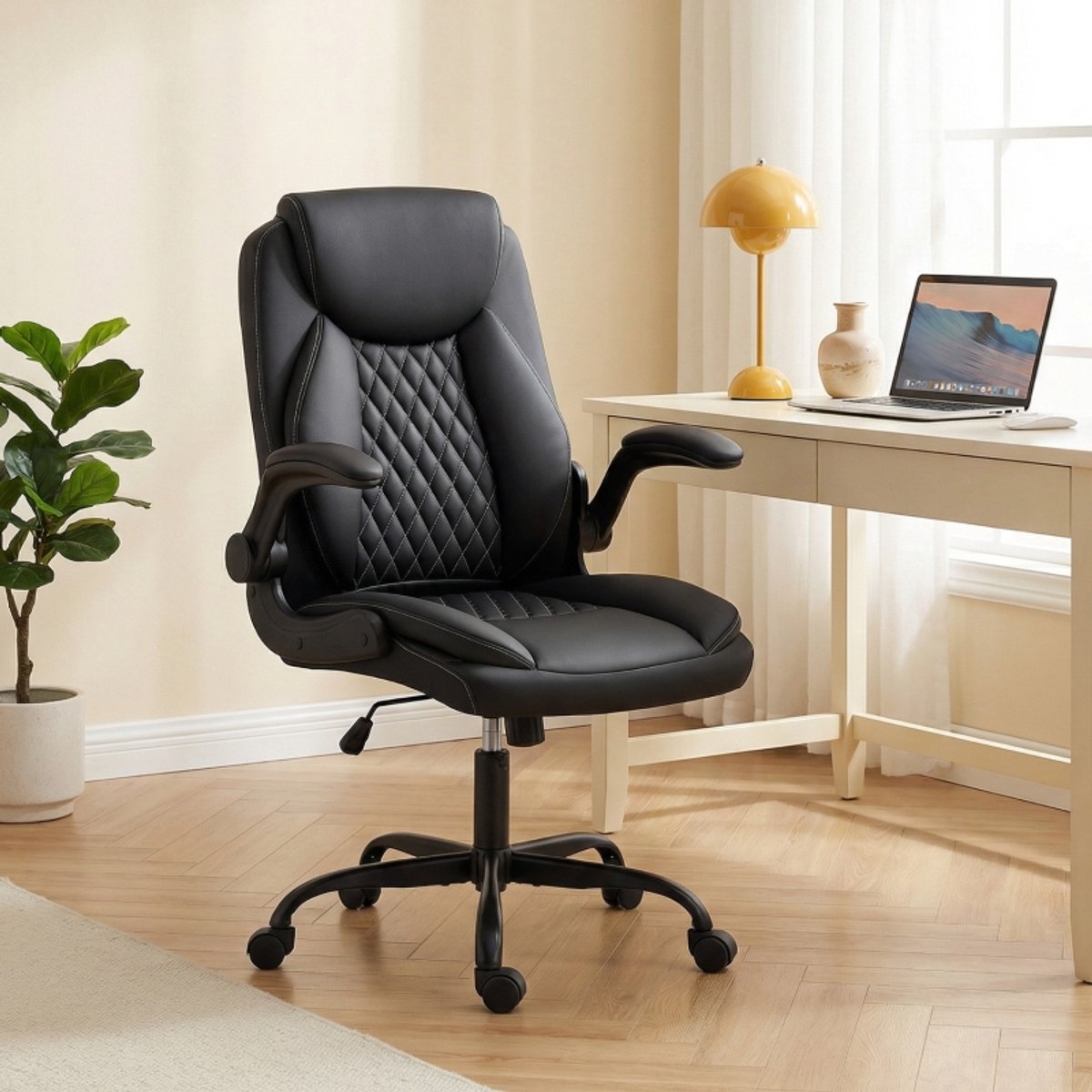 Ergonomische-Bureaustoel-PU-Leer-Opklapbare-Armleuningen-Verstelbare-Hoogte-Schommelfunctie-360°-Draaistoel-Zwart-Comfortabele-Office-Chair
