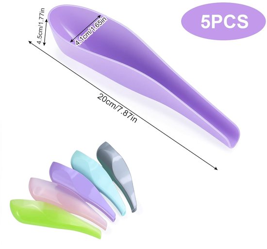 Set van 5 plastuiten; toont afmetingen van 20cm lengte, 4,5cm breedte en 4,1cm diepte.
