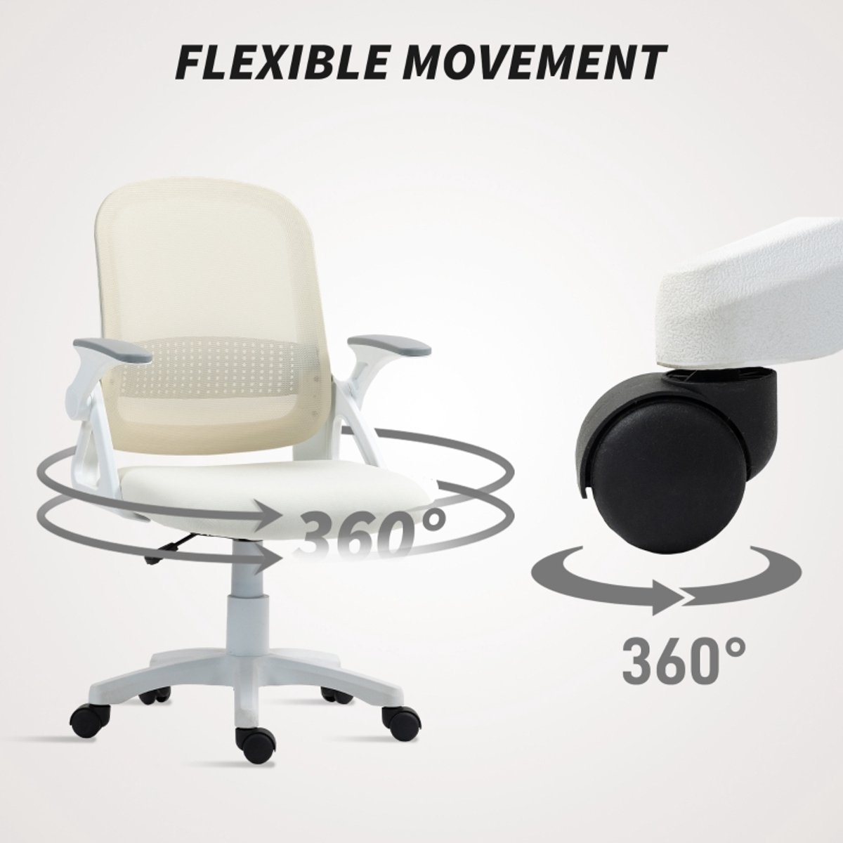 Ergonomische-Bureaustoel-Mesh-Verstelbare-Hoogte-Opklapbare-Armleuningen-360°-Draaistoel-Ademende-Office-Chair-Wit-Comfortabele-Thuiswerk-Stoel – foto 2