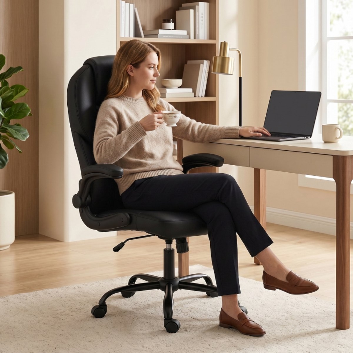 Ergonomische-Bureaustoel-PU-Leren-Office-Chair-Hoge-Rugleuning-Opklapbare-Armleuningen-Verstelbare-Hoogte-Schommelfunctie-360°-Draaistoel-Zwart-Home-Office