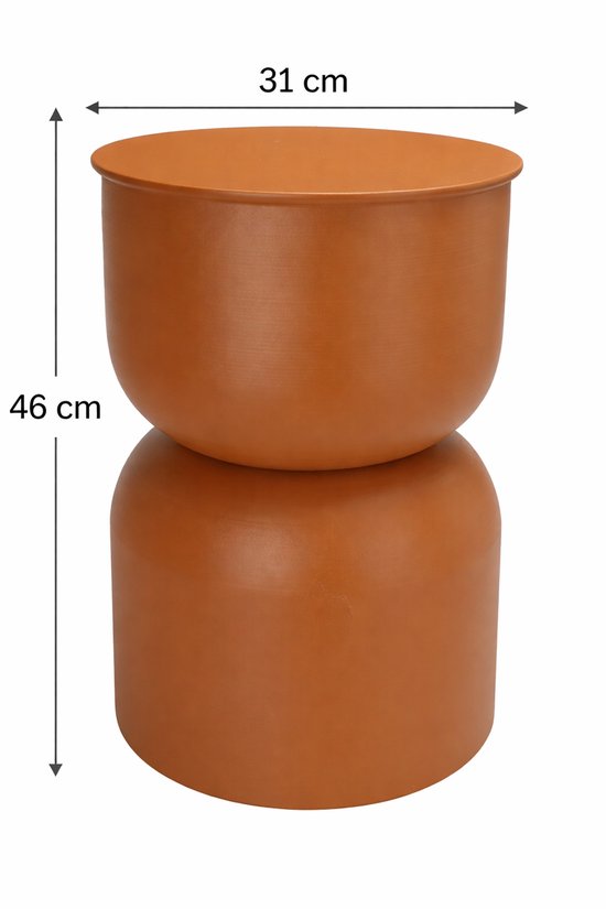 Bruine bijzettafel van metaal met organisch design. Afmetingen: hoogte 46 cm, diameter 31 cm.