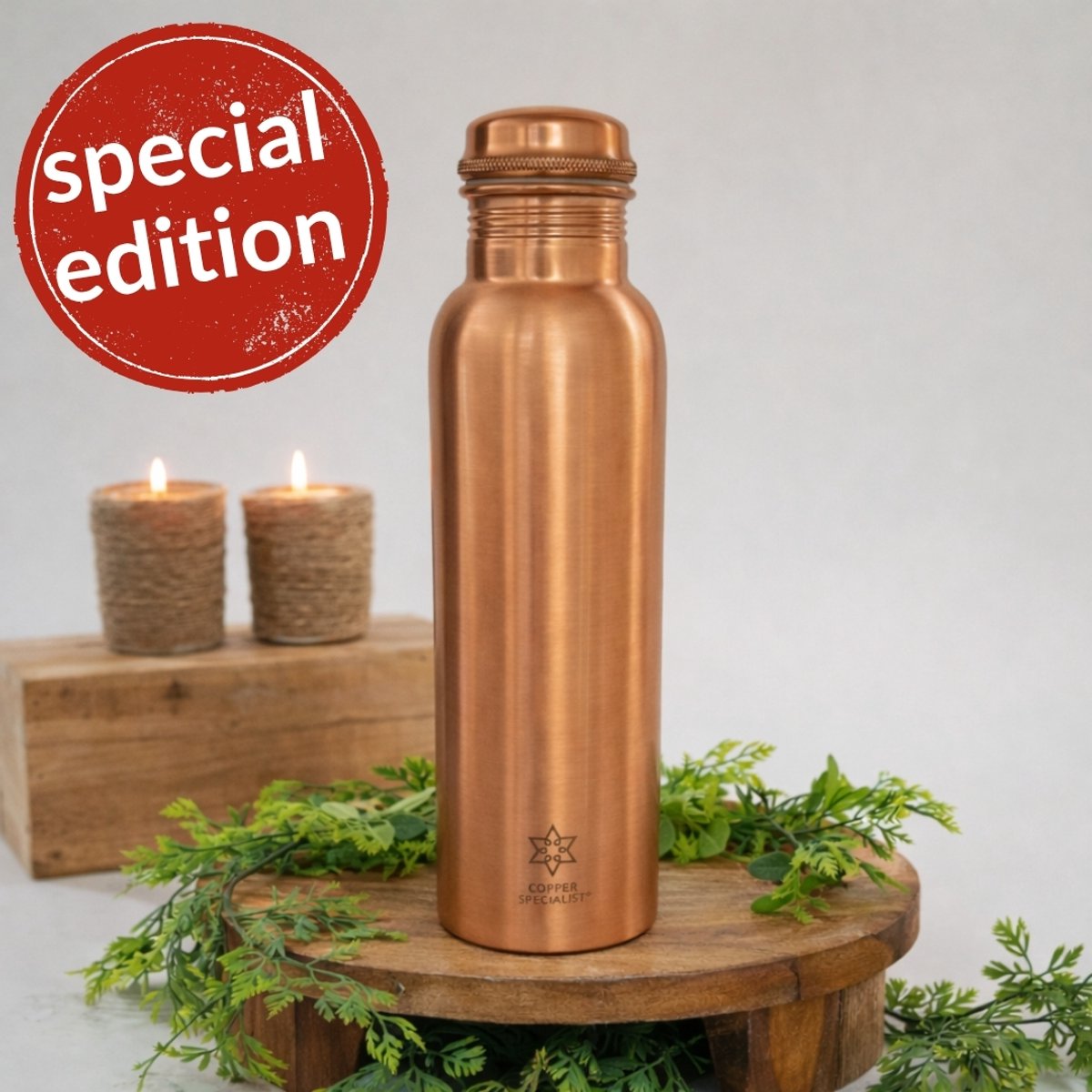 SPECIAL EDITION Puur koperen waterfles 1 liter/435 g (extra zware uitvoering, in luxe geschenkverpakking)