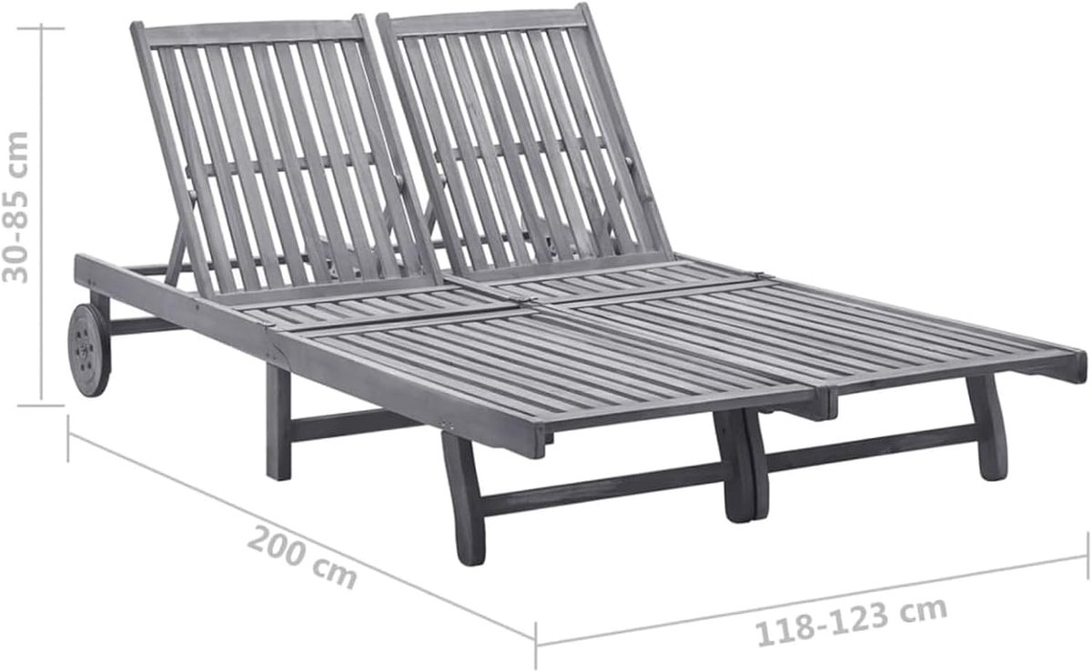 2-Persoons Zonnebed met Dak 115x65x16,5 cm – Verstelbare Houten Ligstoel met Kussens, Massief Acaciahout, Tuinligbed voor Balkon, Terras en Zwembad – Grijs - Laura